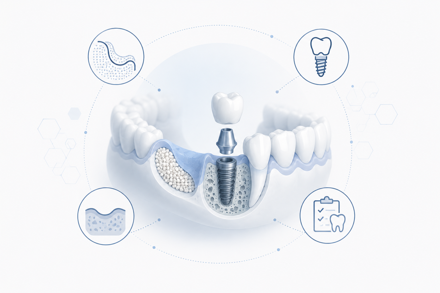 Illustrazione clinica di una riabilitazione implantare complessa: rigenerazione ossea, inserimento dell'impianto nell'osso, protocolli rigenerativi e pianificazione del caso